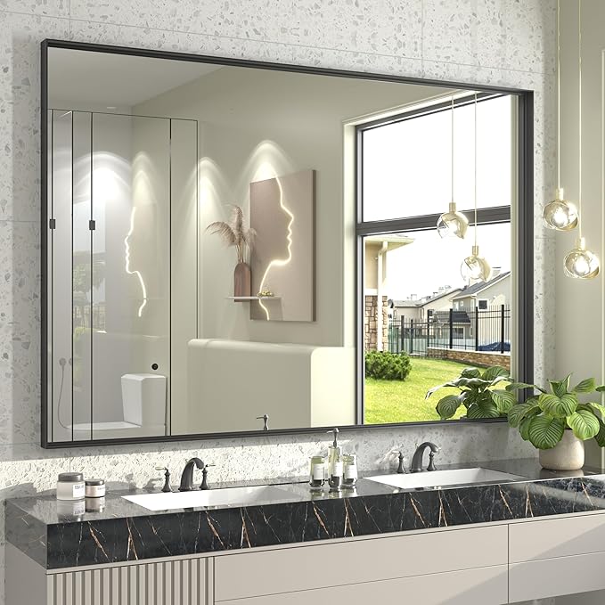 60x40 Inch Black Metal Framed Bathroom Mirror for Wall, Large Black Matte Rectangle Bathroom Vanity Mirror, Square Corner, Anti-Rust, Shatter-Proof, Hangs Horizontally or Vertically