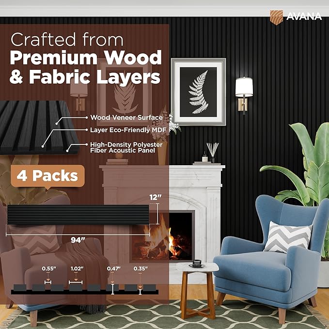 Avana Acoustic Wood Wall Panels – 94.4 X 12.6 Inch Black Oak Acoustic Panels 4 PCs – Wall Panels For Interior Wall Decor For Homes, Offices, Studios – Sturdy And Durable Wood Panels For Wall