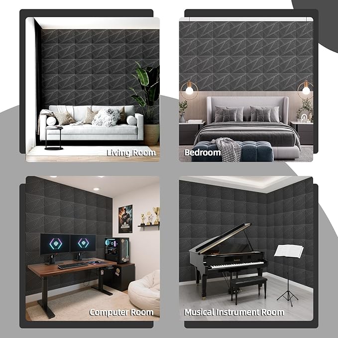 Art3dwallpanels 12 Pack Acoustic Panels 12" X 12" Self Adhesive Soundproof Wall Panels Sound Dampening, 3D Wall Decor Peel and Stick Absorbing Panels, Black