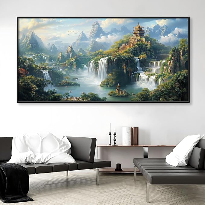 Cadeali Fantasy Waterfall Canvas Art, Japanese Temple Landscape, Buddhist Architecture, Living Room Wall Decor (Gold Framed, 47"x23")