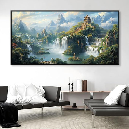 Cadeali Fantasy Waterfall Canvas Wall Art, Japanese Temple Art, Buddhist Architecture, Mountain Landscape, Asian Mythology, Living Room Wall Decor (Black Framed, 39"x19")