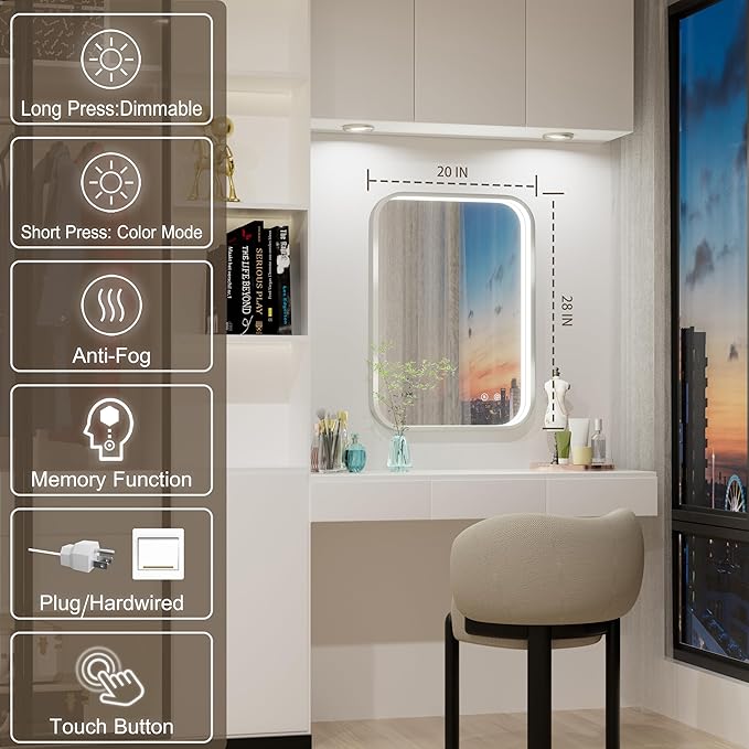 20x28 Inch Silver Frame LED Bathroom Mirror with Lights, Adjustable 3000K/4500K/6000K, Wall Mounted Lighted Bathroom Vanity Mirrors, Anti-Fog, Dimmable, Memory Funtiom, Horizontal/Vertical