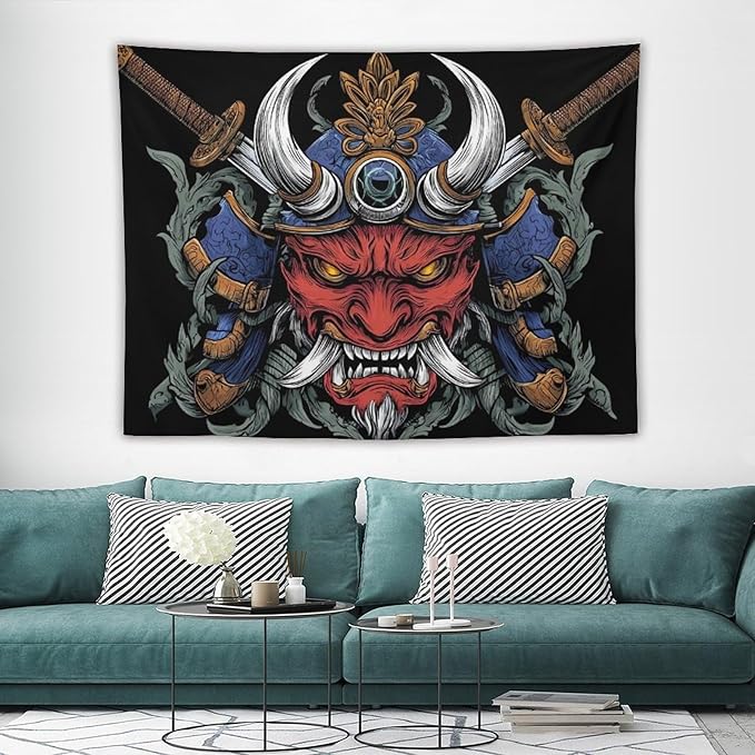 UUKXKUU Oriental Retro Mask Symmetry Samurai Tapestry Flag Backdrop Wall Hanging Large Wall Art Decor for Dorm Office Bedroom Living Room 60"×80"