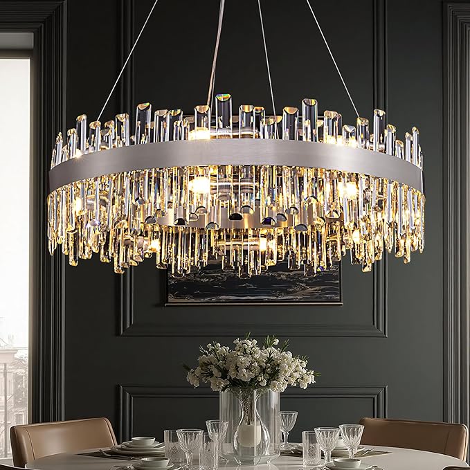 Modern Dining Room Crystal Chandelier, 16-Light Chrome Silver Round Chandelier, 31.5-inch K9 Crystal Raindrop Ceiling Light, Luxury Flush Mount Light Fixture for Kitchen Living Room Entryway