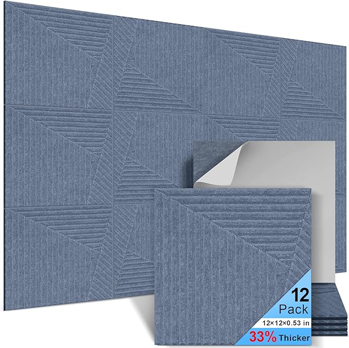12 Pack Acoustic Wall Panels Self-Adhesive, 12" X 12" X 0.5" Decorative Acoustic Panels, Soundproof Wall Panels for Studio, Home & Living Room, Polyester - Slash Cement Gray