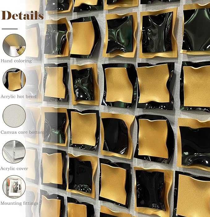 BrightA Black and Gold 3D Wall Art with Textured Grid Design Handcrafted Acrylic Panels in Solid Wood Frame, Modern Abstract Sculpture for Contemporary Living Room Office 31.5"x31.5"