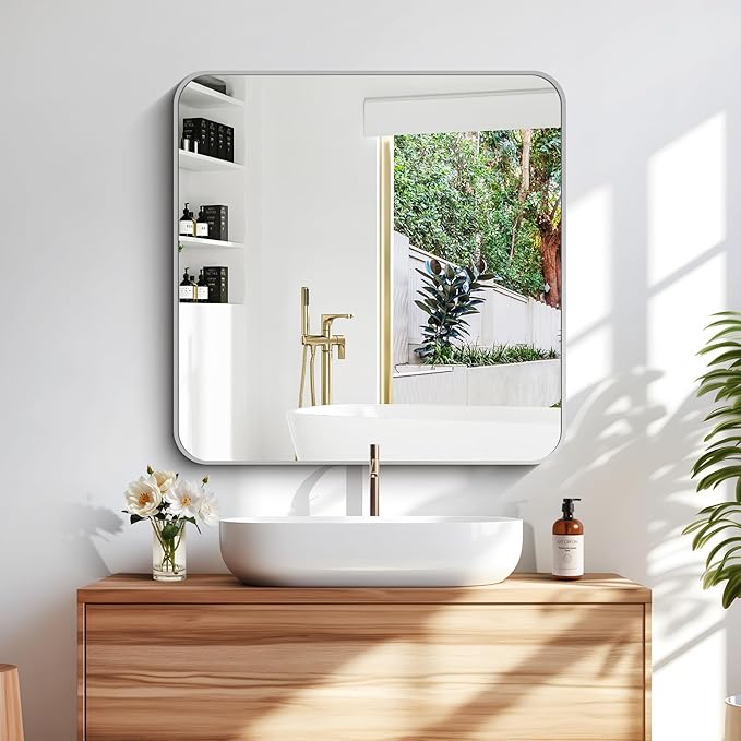 30" x 30"Bathroom Mirror, Silver Wall Mirror with Metal Frame, Decorative Rectangular Vanity Mirror for Bedroom Bathroom Living Room Entryway (Horizontal/Vertical)