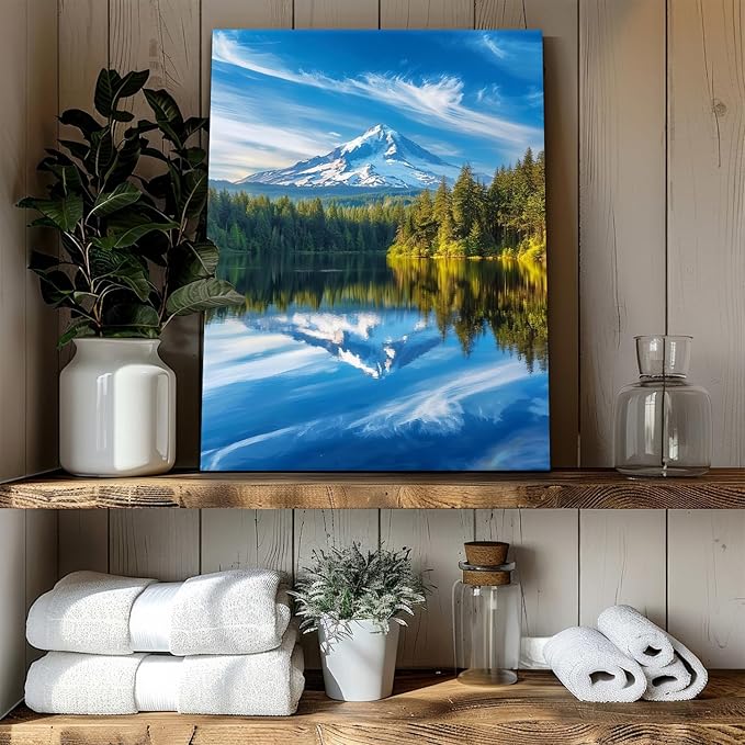 Mountain Wall Art National Park Posters Nature Forest Pictures Blue Lake Reflection Landscape Canvas Prints Mt Hood Mountains Scenery Painting Artwork for Bedroom Living Room Home Decorations 12x16"