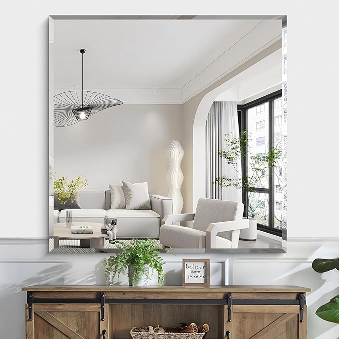 KOCUUY Beveled Mirror, 42x42 Inch Large Frameless Square Bathroom Mirror for Over Sink, Upgraded Shatterproof Beveled Unframed Design Mirror for Bathroom, Bedroom, Hang Horizontal/Vertical