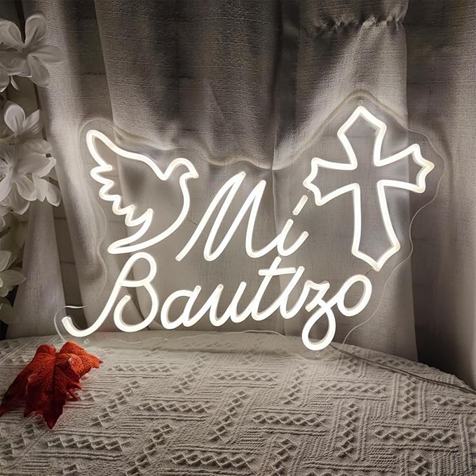 Mi Bautizo Neon Sign for Baptism Decorations Wall Decor,Mi Bautizo 21.6 * 14 inches Led Neon Sign,Mi Bautizo Sign Perfect For Children's Birthday Decoration,Baptism Party,Bedroom,Garden,Birthday Party,Christmas,INSNEnN