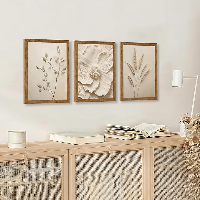 JLTULT 3 Piece Framed Neutral Beige Floral Canvas Wall Art, Modern Simple Texture Blossom Wall Decor, Vintage Botanical Flower Art Prints for Living Room Bedroom Farmhouse 12x16 inch Ready to Hang