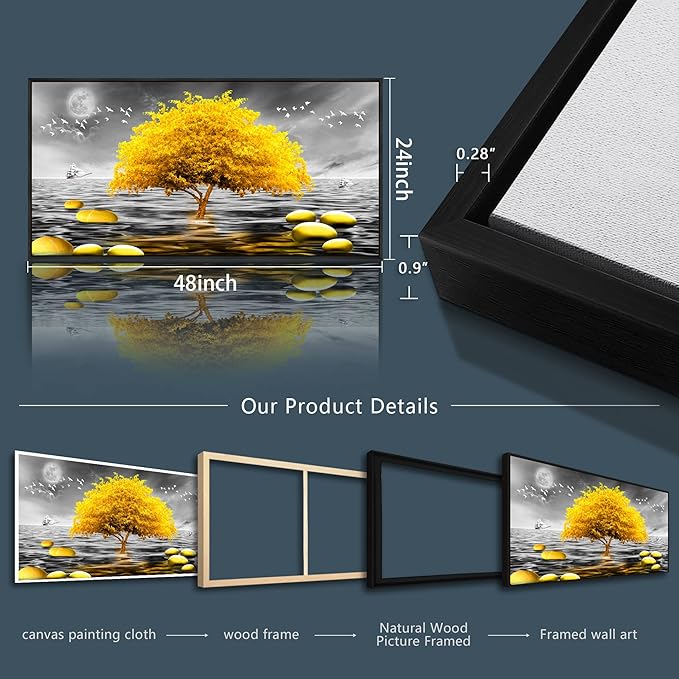 Black and white View Framed Wall Decorations For Living Room large size Canvas Wall Art For Bedroom Office Wall Decor Yellow Tree Painting Canvas Prints Home Decor Black Wood Framed 24" X 48"