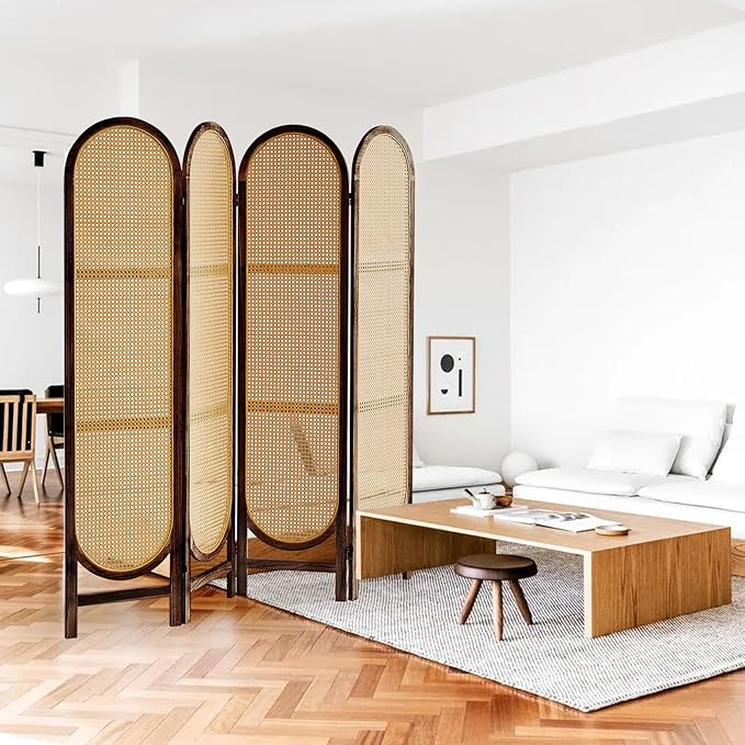4 Panels Room Dividers and Hand-Woven Rattan Room Divider Wall, Wood Room Divider Folding Privacy Screens for Home Office Bedroom, Brown