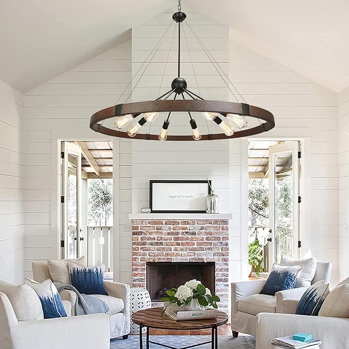 38.2'' Large Farmhouse Wagon Wheel Chandelier for Living Room, 8-Light Rustic Round Metal Light Fixtures for Dining Room Entryway Kitchen Island, Vintage Rust and Black Finishes