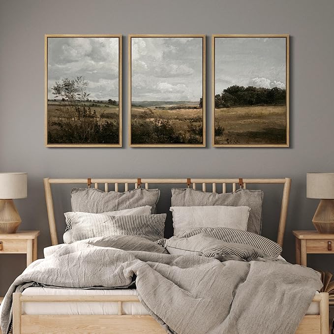 MUDECOR Framed Canvas Print Wall Art Rustic Fields Tranquil Countryside Landscape Nature Wilderness Illustrations Realism Decorative for Living Room, Bedroom, Office - 24"x36"x3 Natural