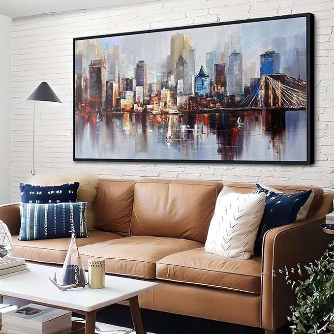 Arjun Brooklyn Bridge Wall Art Modern New York Abstract Canvas Cityscape Painting NYC Skyline Textured Picture for Living Room Bedroom Home Office Wall Decor Extra Large Size Black Wood Framed 58"x29"