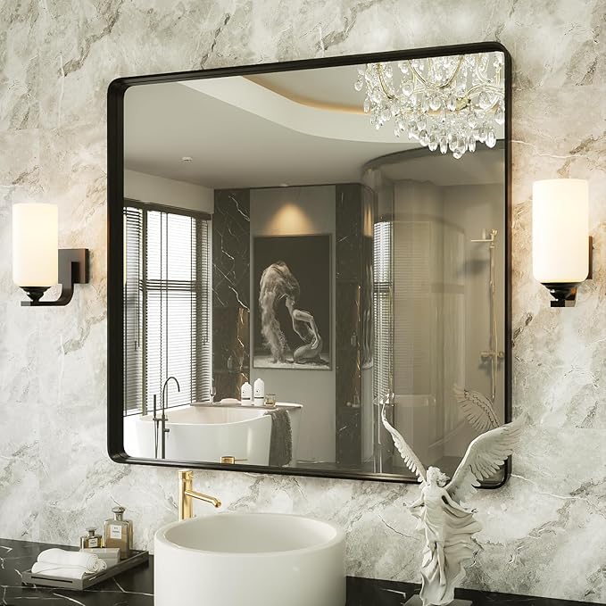 Black Bathroom Mirror for Wall, 36x36 Inch Matte Black Framed Bathroom Vanity Mirror for Farmhouse Living Room Bedroom, Anti-Rust, Tempered Glass, Horizontal/Vertical