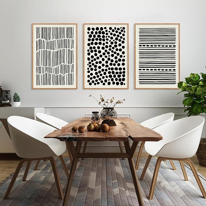 KAIRNE 3Pcs Black and White Boho Framed Canvas Wall Art Set, Minimalist Geometric Line Wall Decor, Abstract Black Wall Painting, Modern Neutral Art Print for Living Room, Bedroom, Kitchen 24x36inch