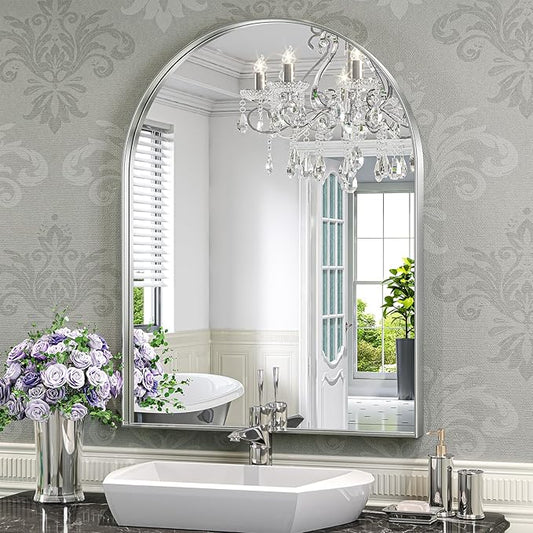 Brightify Arched Mirror, Arched Wall Mirror, 24 x 32 Inch Silver Arch Mirror, Metal Frame Silver Bathroom Mirror, Arched Top Bathroom Vanity Mirror for Living Room Bedroom Mantel Entryway Hallways