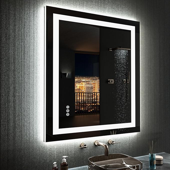 LOAAO 28"X32" LED Bathroom Mirror with Lights, Anti-Fog, Dimmable, RGB Backlit + Front Lighted, Bathroom Vanity Mirror for Wall, Memory Function