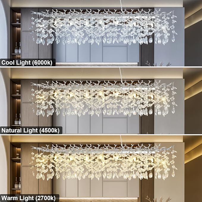 60" Modern Crystal Chandelier, 16-Light Silver Tree Branch Chandelier for Dining Room, Luxury Rectangular Raindrop Chandeliers for Kitchen Island, Living Room, Foyer, Contemporary K9 Light Fixture