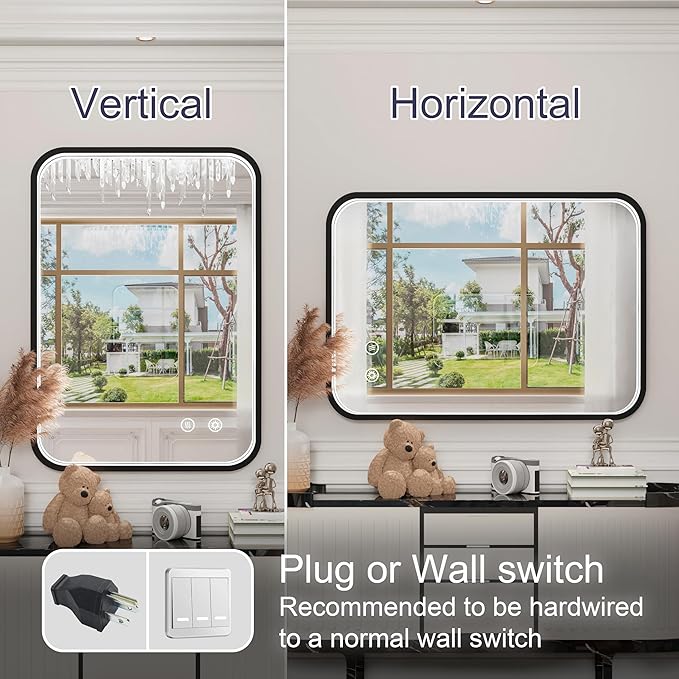 20x28 Inch Black LED Bathroom Mirror with Lights, 3000K/4500K/6000K, Wall Mounted Lighted Vanity Mirrors for Bathroom, Anti-Fog, Stepless Dimmable, Memory Funtion, Horizontal/Vertical