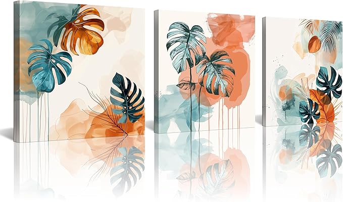 NAN Wind 3Pcs Abstract Tropical Leaves Canvas Art Modern Botanical Wall Decor Teal and Orange Leaf Minimalist Jungle Wall Art Framed Contemporary Nature-Inspired Print for Living Room or Bedroom