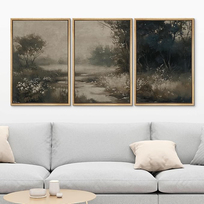 MUDECOR Framed Wall Art Print Set Vintage Landscape Subtle Forest and River in Earthy Tones Illustrations Modern Art Boho Decorative Colorful Chic for Living Room, Bedroom, Office - 16"x24"x3 Natural