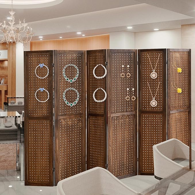 6 Panel Pegboard Display with 24 Hooks,Partition Room dividers, Wooden Room Divider Wall and Folding Privacy Screens, Pegboard Room Divider, Bedroom, Balcony, Dark Brown