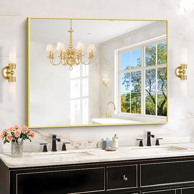 KOCUUY Gold Mirror, 48"x36" Large Gold Bahtroom Mirror for Over Sink, Metal Frame Rectangle Mirror with Modern Design for Bathroom, Living Room, Farmhouse, Entryway, Hang Horizontal/Vertical