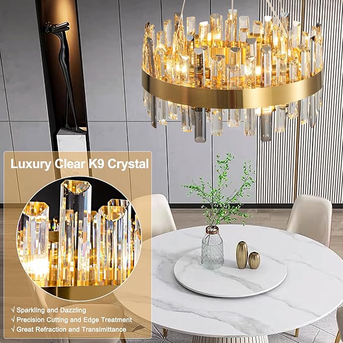 Modern Crystal Chandelier, Luxury Round 2 Tiers K9 Crystal Chandelier for Living Room, 12-Light Gold Flush Mount Ceiling Light Fixture for Dining Room Kitchen Foyer Bedroom D19.7''