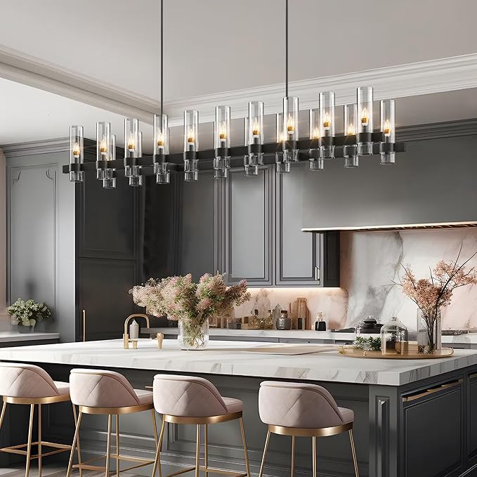 Black Rectangle Kitchen Island Lights, Farmhouse Linear Rectangular Chandelier with Glass Shades, 20 Lights Lighting Fixtures Industrial Pendant Light for Dining Room Over Table