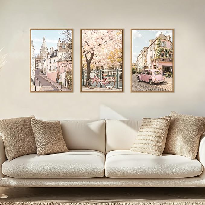 Ausril Italy Pink Cityscape Framed Canvas Wall Art Set, Romantic Flower Street Wall Decor, Vintage Travel City Wall Painting, Italian Pink Bike Art Prints for Living Room, Bedroom, Office - 16"X24"X3