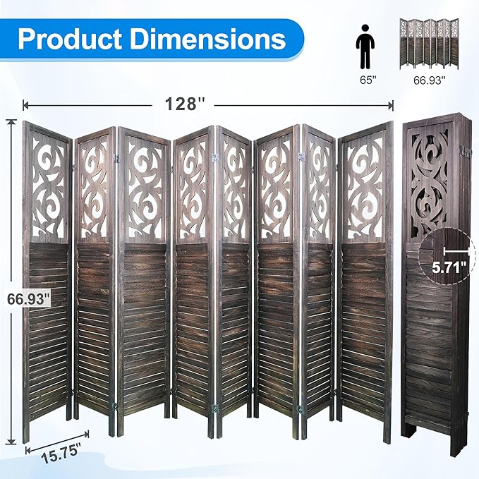 8 Panel Room Divider 5.6FT Wood Carved Room Dividers, Folding Privacy Screens Portable Freestanding Partition Wall Dividers for Bedroom, Office, Rustic Brown