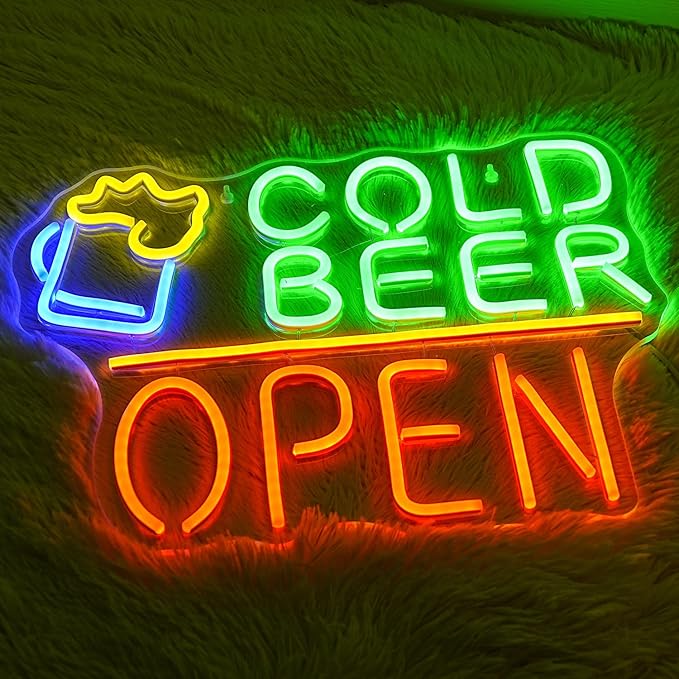 Cold Beer Open Neon Sign Beer Neon Light for Wall Decor Cold Beer LED Neon Signs Colorful Led Neon Lights for Man Cave Store Bar Party Bistro Decoration
