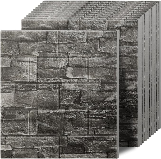 3D Wall Panels Peel and Stick in Black Grey, 40 PCS XPE Foam 3D Wallpaper, Faux Brick Wall Panels for Bedroom, Stairs, Kitchen