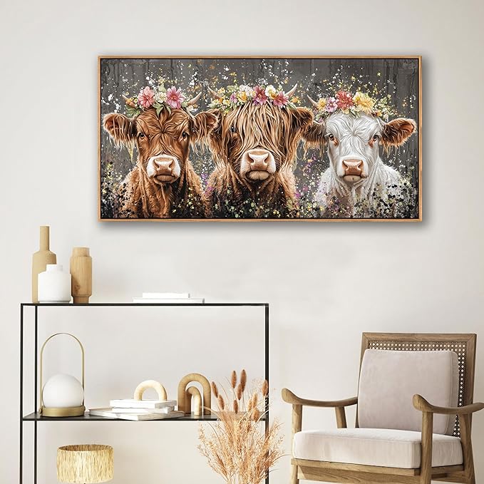 AJAZIKO Highland Cow Wall Art - Farmhouse & Rustic Country Wall Decor, Large Canvas Pictures for Living Room, Above Bed Artwork for Walls - Western Decorations 20×40IN