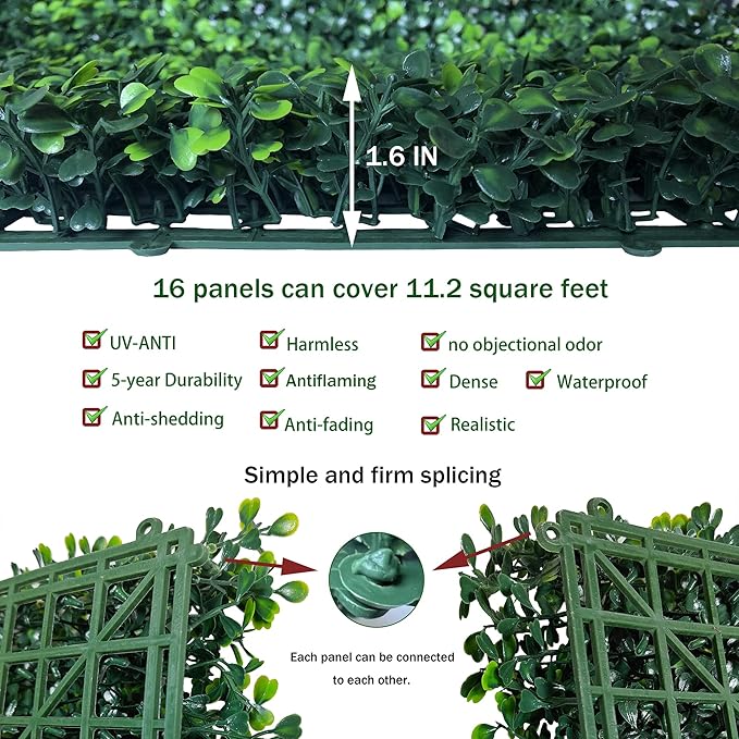 Artificial Grass Wall Panel Backdrop,10 X 10 in 16P(11.2 sqft) UV-Anti Greenery Boxwood Panels for Indoor Outdoor Green Wall Decor & Ivy Fence Covering Privacy