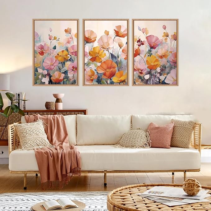 Nature Pink Floral Framed Canvas Wall Art Set,Boho Colorful Wildflowers Botanical Wall Decor, Modern Aesthetic Bohemian Flowers Art Print for Living Room,Bedroom-24 x36 x3