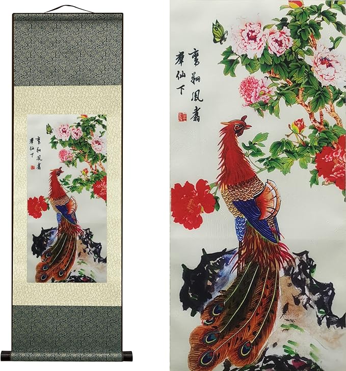 AtfArt Asian Wall Decor Beautiful Silk Scroll Painting Birds - Phoenix - Luan Xiang Feng Zhu Oriental Decor Chinese Art Wall Scroll Wall Hanging Painting Scroll (36.2 x 12 in)