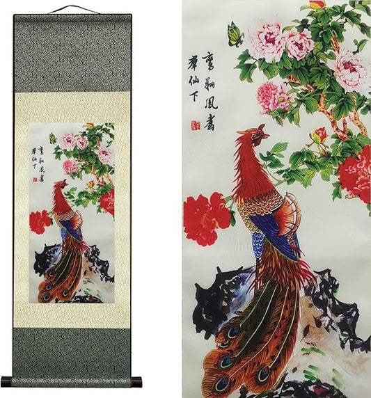 AtfArt Asian Wall Decor Beautiful Silk Scroll Painting Birds - Phoenix - Luan Xiang Feng Zhu Oriental Decor Chinese Art Wall Scroll Wall Hanging Painting Scroll (36.2 x 12 in)