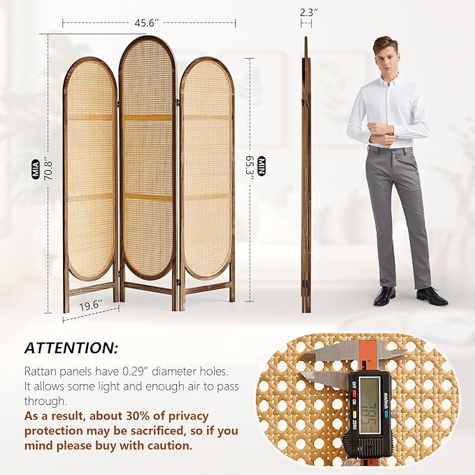 5.9 Ft Tall Hand-Woven Rattan Room Divider 3 Panels, Wood Room Divider Panel, Folding Screen Divider Wall, Wall Divider for Room Separation, Folding Privacy Screen, Home Office - Brown