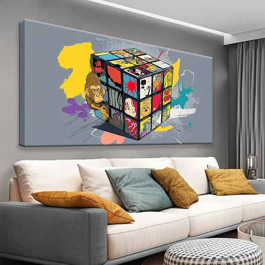 Abstract Wall Art For Living Room Artwork Graffiti Cube Canvas Art Wall Decor Modern Canvas Prints Pictures Colorful Wall Art For Home Hotel Artwork 24 X 48 Inch