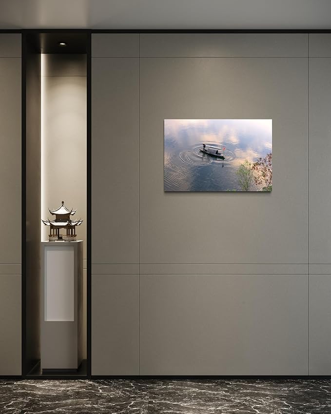 Oriental Beauty: Stunning Feng Shui Landscape Wall Art Prints for Home Decor in 3 Sizes (Silent Waters: Traditional Boatman at Dawn, 24" x 36")