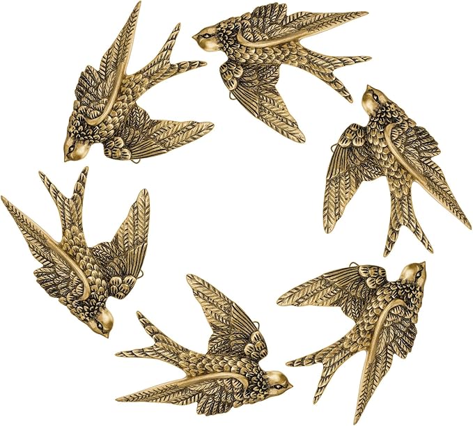 6 Pcs Vintage Bird Wall Sculpture Decor Art 4.7 Inch Antique 3D Sculpted Hanging Bird Resin Wall Art Golden Brass Rustic Floating Ornament for Living Room Garden Indoor Outdoor, Gift for Christmas
