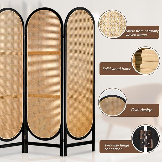 6 Panels Room Dividers, Hand-Woven Rattan Room Divider Panel and Folding Privacy Screens, Wood Room Divider Wall Freestanding Room Partitions Screen for Home Office Bedroom, Light Brown