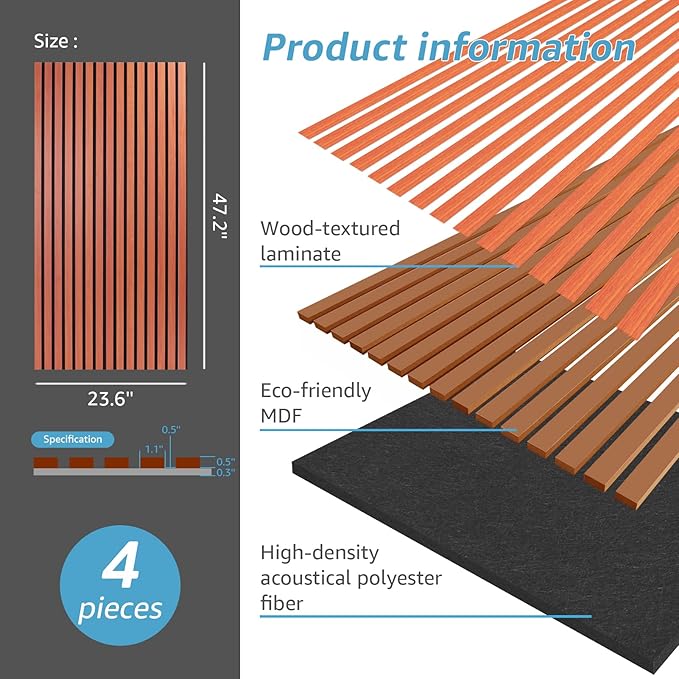 Art3d 4 Pack 47.2 x 23.6in. Wood Slat Acoustic Panels for Wall and Ceiling - 3D Fluted Sound Absorbing Panel with Wood Finish - Cherry