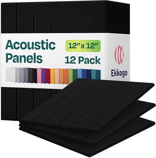 Acoustic Panels 12-Pack Soundproof Wall Panels 12"x12"x0.4" Decorative Sound Dampening for Your Home, Office, Studio, Bedroom & More with Unique LineWave Carving [Deep Black]