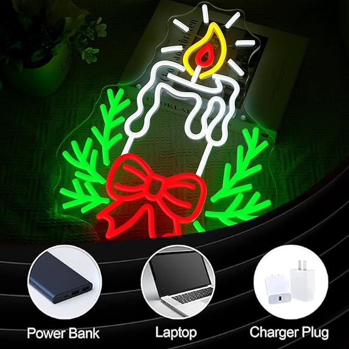 Candle Christmas Neon Sign with Dimmable Switch Christmas Bow Holly Neon Light Sign for Xmas Pray Home New Year Party Church Wedding Store Wall Decorations