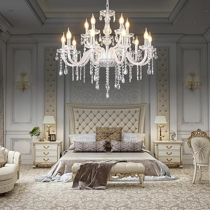 MALOSA Large Clear Crystal Chandeliers,30.7" Large Chandelier for Living Room,Bedroom,Dining Room,Hallway 15 Lights